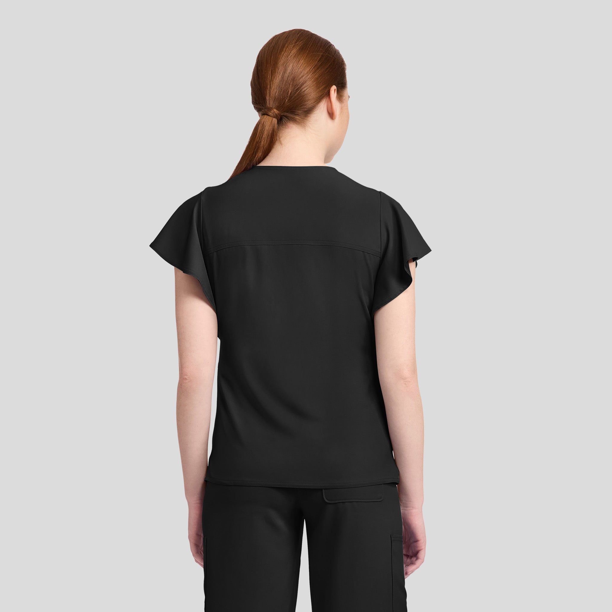 2-Pocket Flutter Sleeve V-Neck Scrub Top | Black