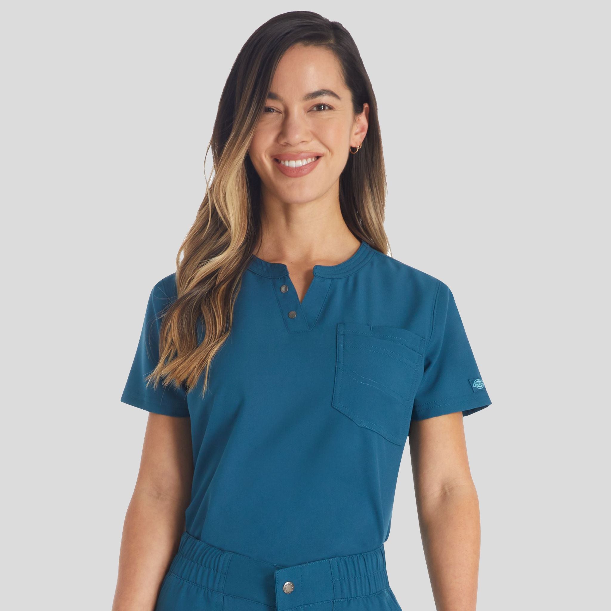 Women's Round Neck Henley Scrub Top | Caribbean