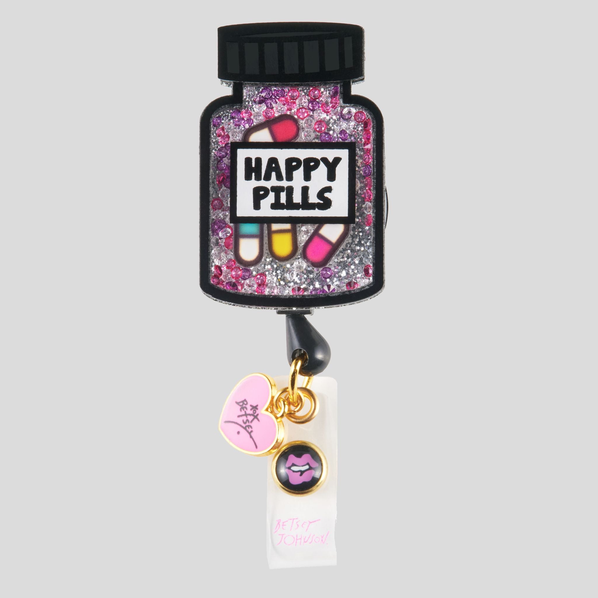Betsey Retractable Badges Happy Pill Bottle