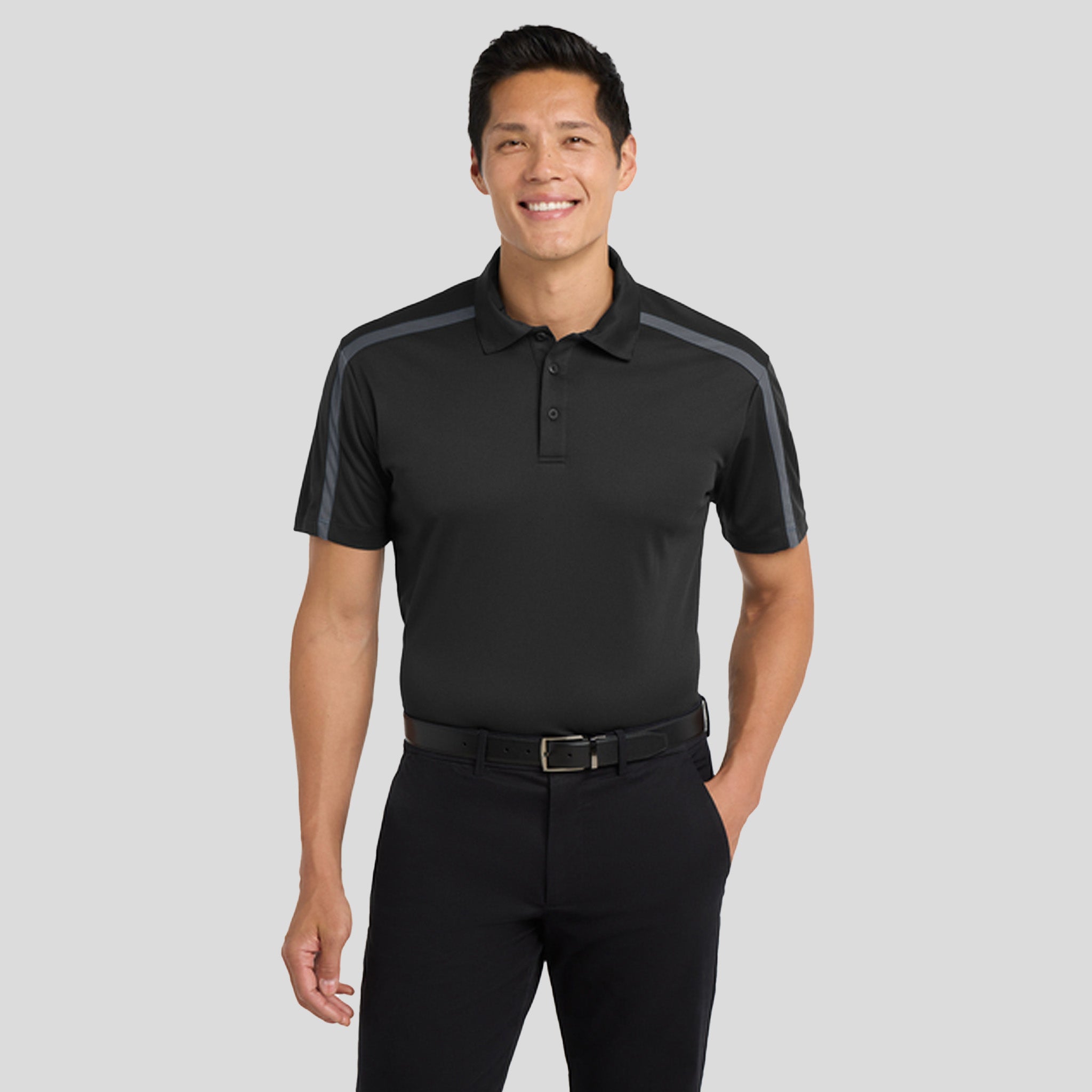 Silk Touch™ Performance Colorblock Stripe Polo | Black/Steel Grey